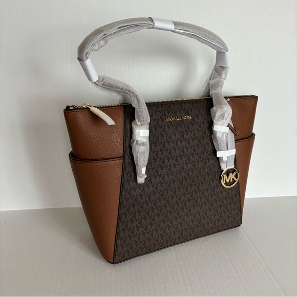NWT Michael Kors Charlotte Top Zip Tote MK Signature Shoulder Bag Brown - Picture 1 of 15